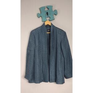 Eileen Fisher Silk Linen Textured Open Front Blue Jacket Quiet Luxury Large